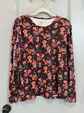 L.L. Bean Burgundy Long Sleeve Floral Tee with Pink and Teal Flowers